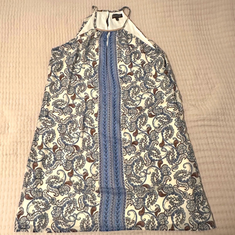 Luxology‎ Halter Dress Womens 12 Blue Paisley Excellent Gold Bar Neckline Summer